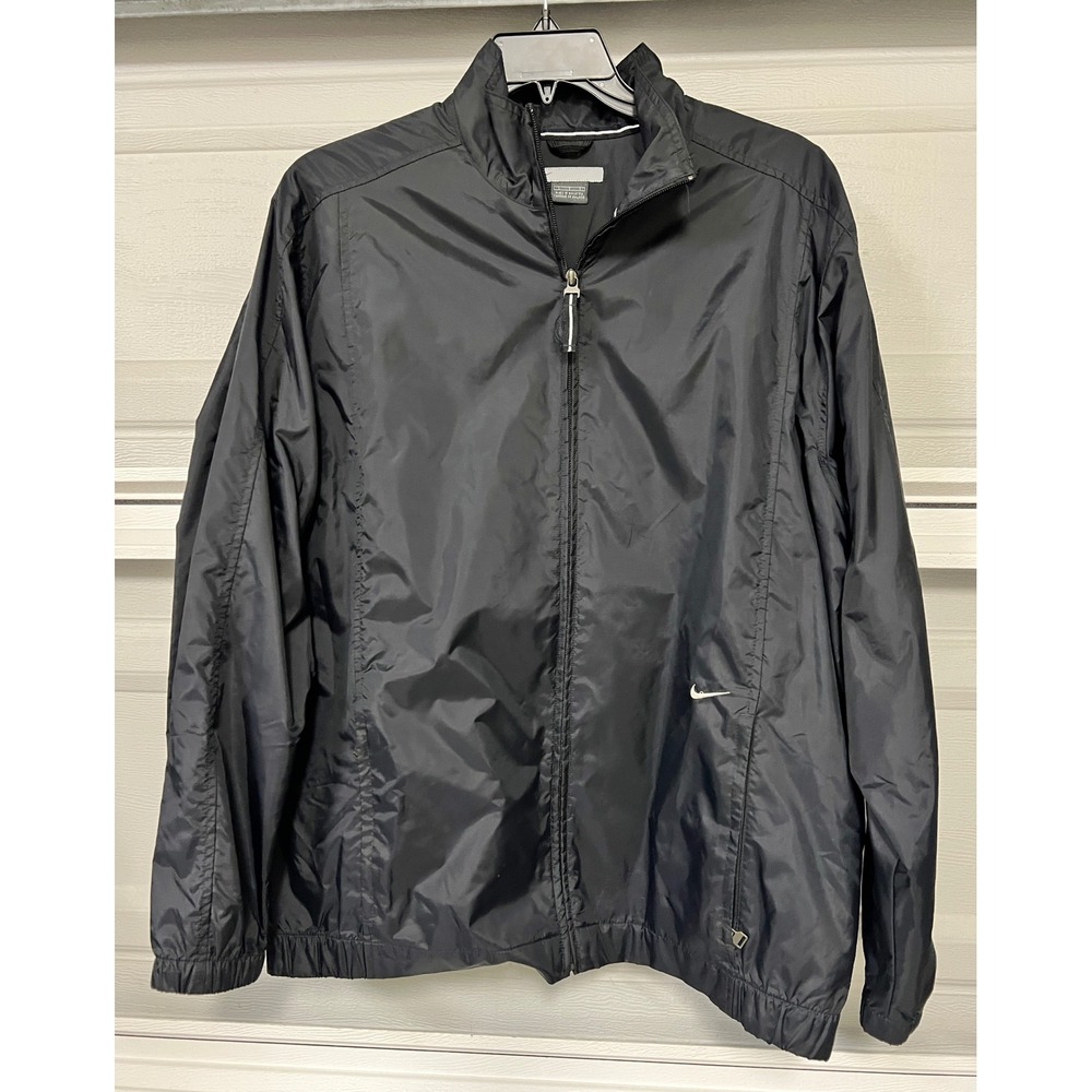 Nike Windbreaker Jacket Mens Large Black Full Zip Swoosh Jersey Lined S1USH